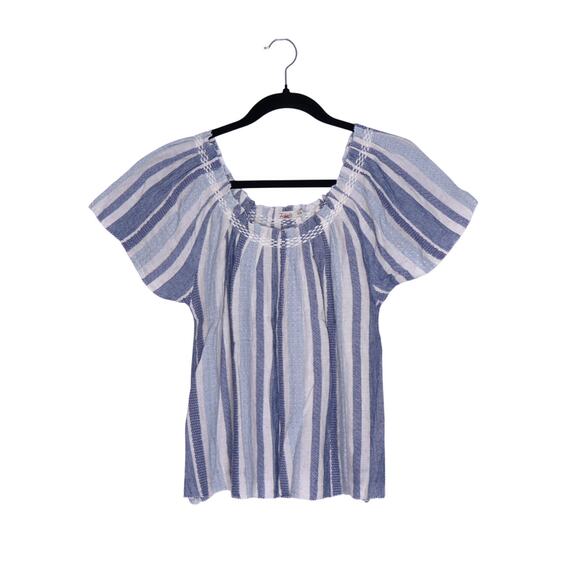 FAHERTY Annabelle Organic Cotton Blend Top Navy Slub Stripe Blouse Women's XS - Picture 2 of 9